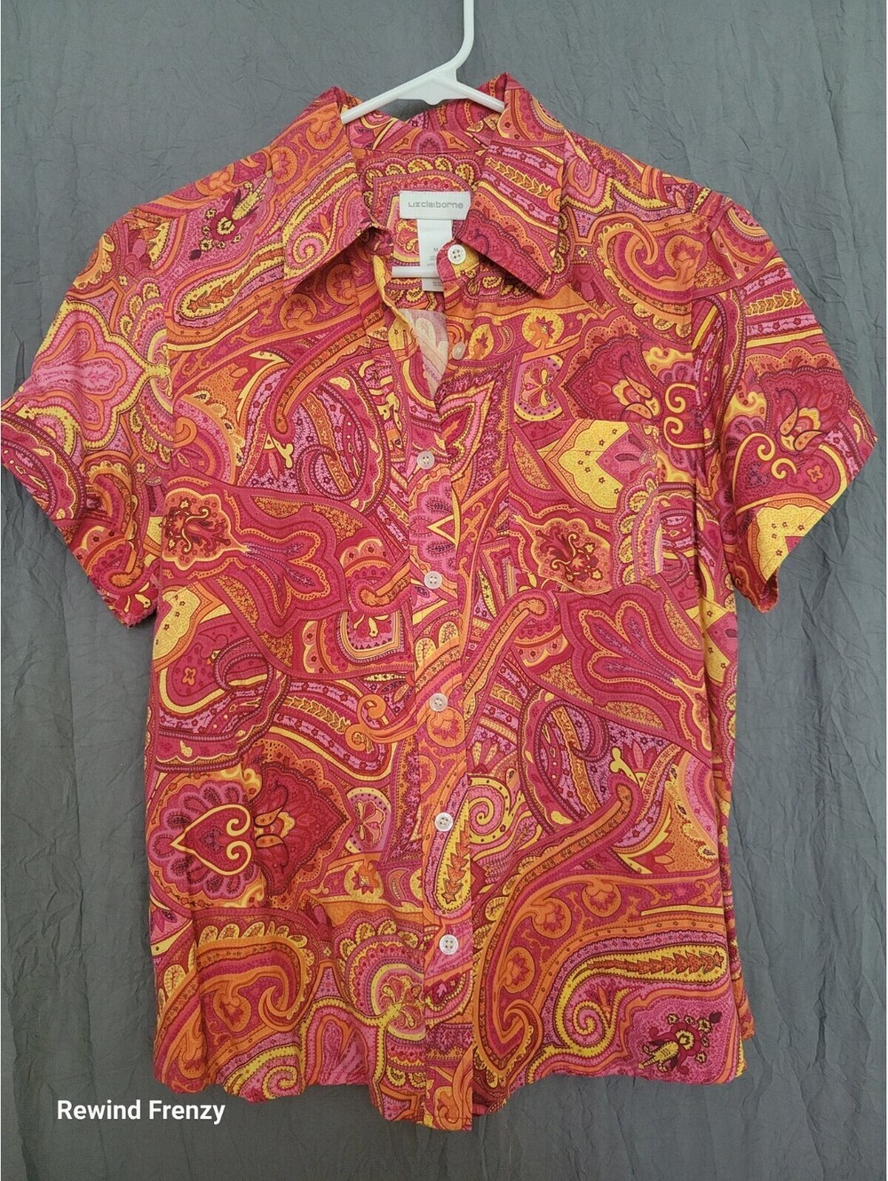 Liz Claiborne Silk Paisley Shirt Womens M Red, Orange Button Front Boho Golf